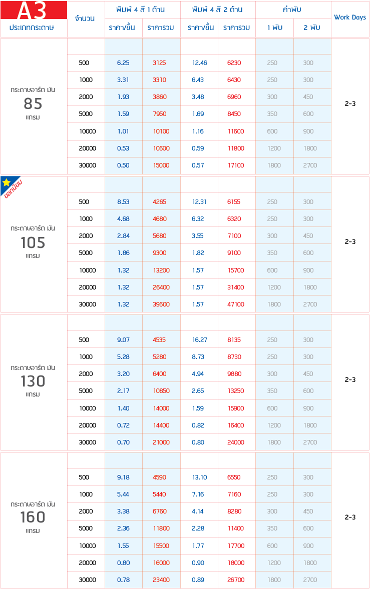 โบรชัวร์ แผ่นพับ ลีฟเล็ท ตางรางราคา A3