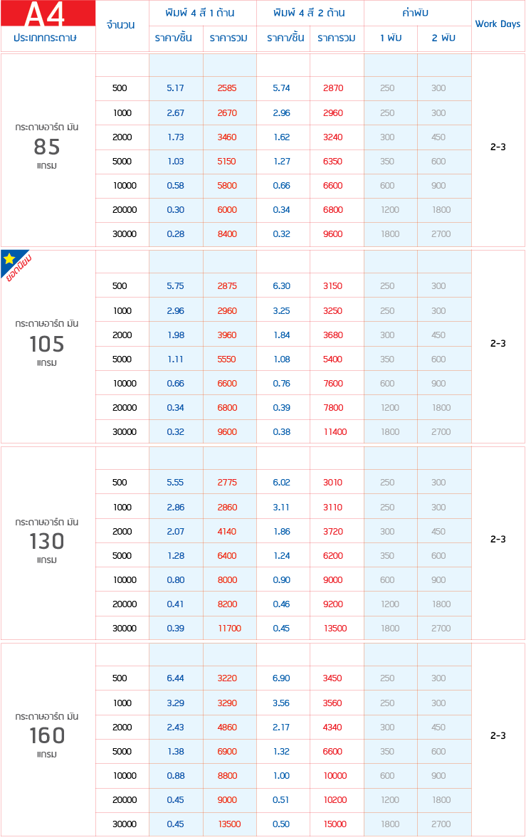 โบรชัวร์ แผ่นพับ ลีฟเล็ท ตางรางราคา A4