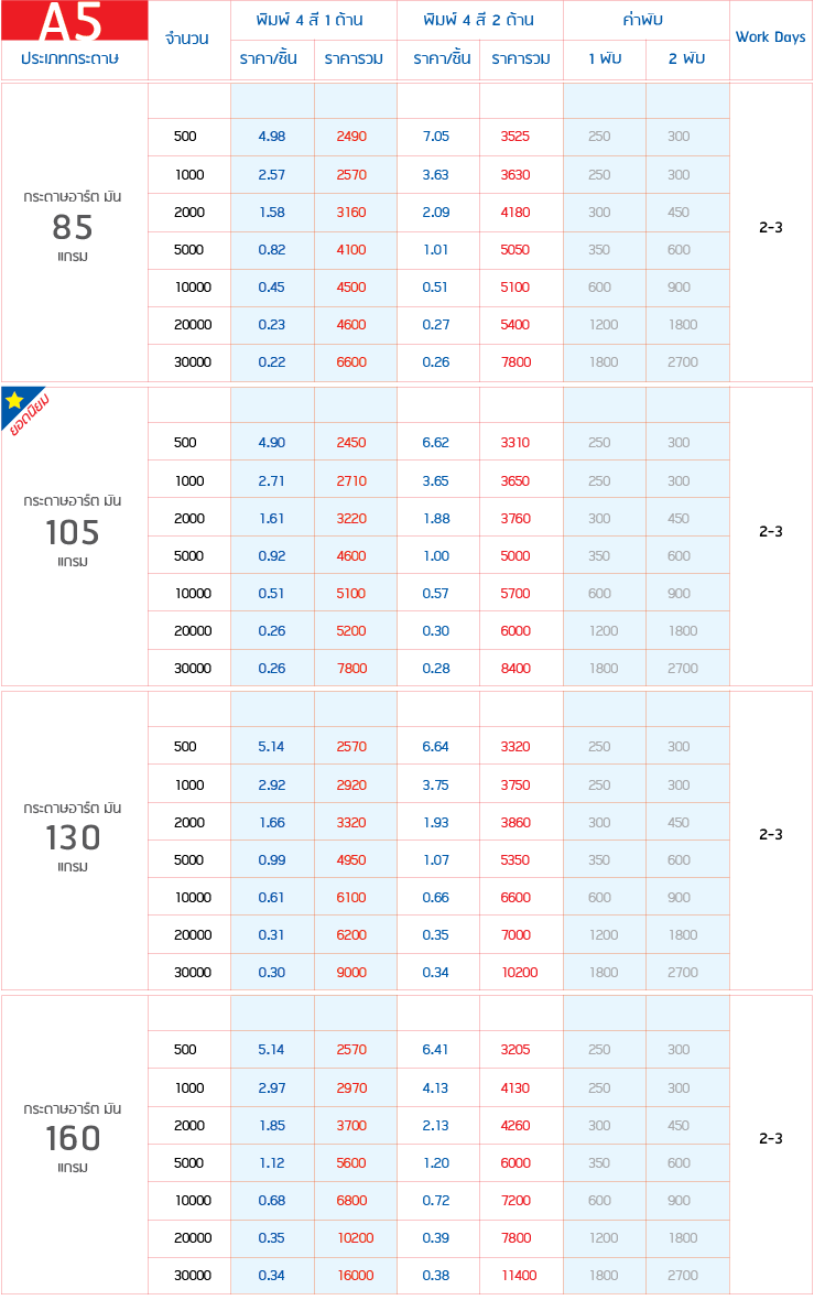 โบรชัวร์ แผ่นพับ ลีฟเล็ท ตางรางราคา A5